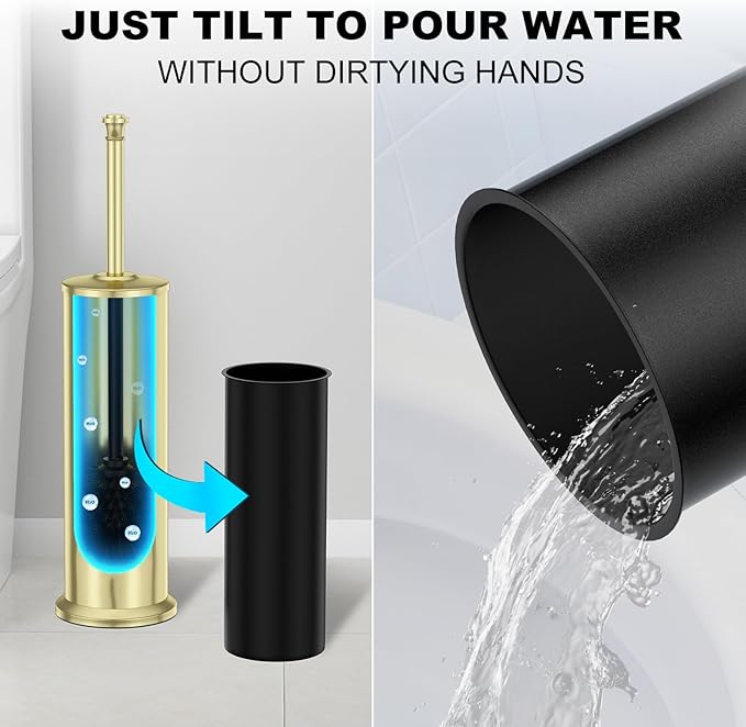 Gold Toilet Brush and Holder，Long Handled Gold Toilet Brush for Bathroom，Stainless Steel Heavy Duty Toilet Bowl Brush,Removable Inner Bowl,Deep Cleaning Dense Bristles Cleaner Brush -Space Saving