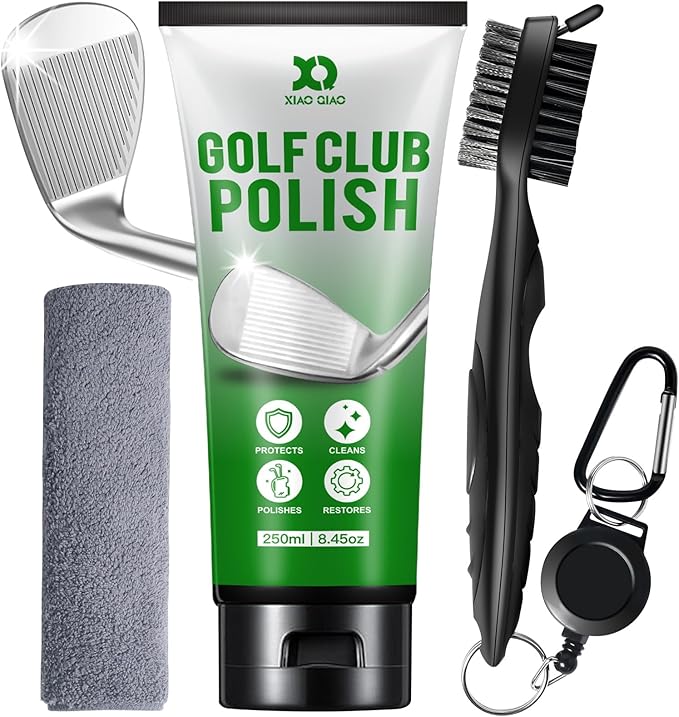 XQ XIAO QIAO Golf Club Cleaning kit, 3-in-1 Easy to Use Golf Club Cleaner Includes 250ml Golf Club Polish, Golf Club Brush and Groove Cleaner 2 ft Retractable Zipline Carabiner, Microfiber Cloth