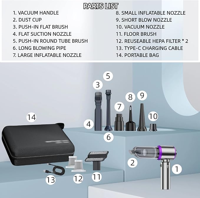 LYCVVVGS Handheld Car Vacuum Cleaner, 21000PA Rechargeable High Power Cordless Mini Vacuum Cleaner and Blower 4-in-1 with 3 Gear, Vacuum with Brushless Motor for Car, Home, Office, PC