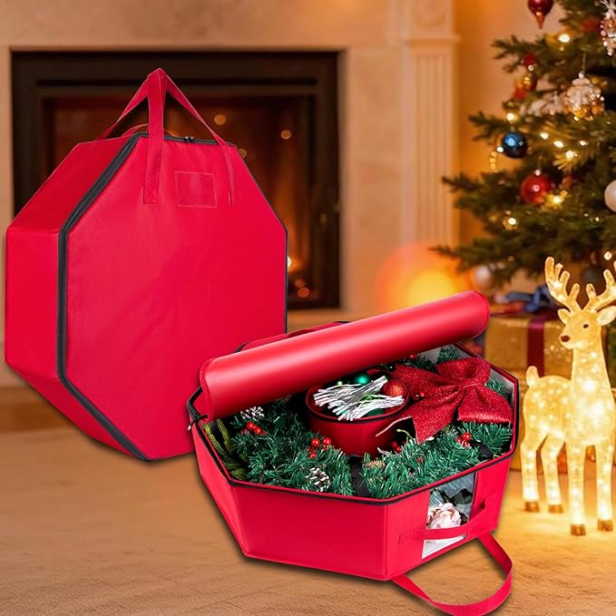 Wreath Storage Christmas Garlands Bag with Interior Pockets Large Xmas Container Box for Holiday Decorations Case with Dual Zipper and Handles Window Labeling Card Slot 24" Red
