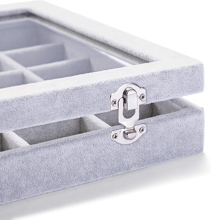 Jewelry Organizer Tray with Clear Lid 30 Grid Velvet Drawer Insert Jewelry Storage box with Glass lid Display Case Store Showcase Holder with Lock Gifts for Women(Grey, 30 Grid)