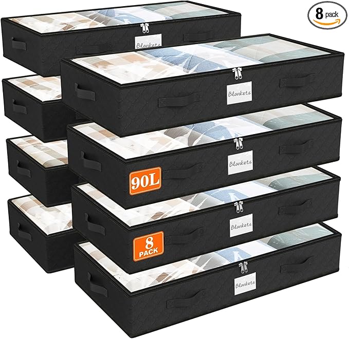 SpaceWhisper 90L Under Bed Storage Containers, 8-Pack Storage Bins with Clear Top, Foldable Closet Organizers and Storage with Label Holder for Clothing, Blankets, Comforter & Pillows(Black)