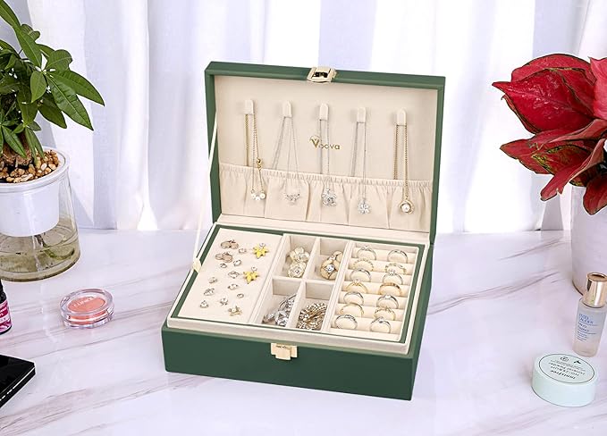 Voova Jewelry Box Organizer for Women Girls, 2 Layer Large Men Jewelry Storage Case, PU Leather Display Jewellery Holder with Removable Tray for Necklace Earrings Rings Bracelets, Blackish Green