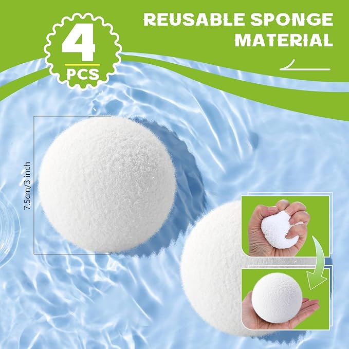 4 Pack Scum Absorber Balls for Spas Hot Tub, 3 Inch Hot Tub Scum Absorber Ball, Reusable Pool Sponge Oil Scum Absorber, Hot Tub Spa Accessories, Keep Water Clean and Clear, Prolongs Filter Life