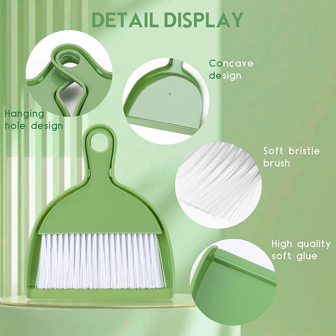 THINKLEARN 2PCS Small Broom and Dustpan Set, Mini Dust Pan and Brush, Hand Whisk for Pets, Kids, Desk, Home, Camping, Green Cleaning Supplies