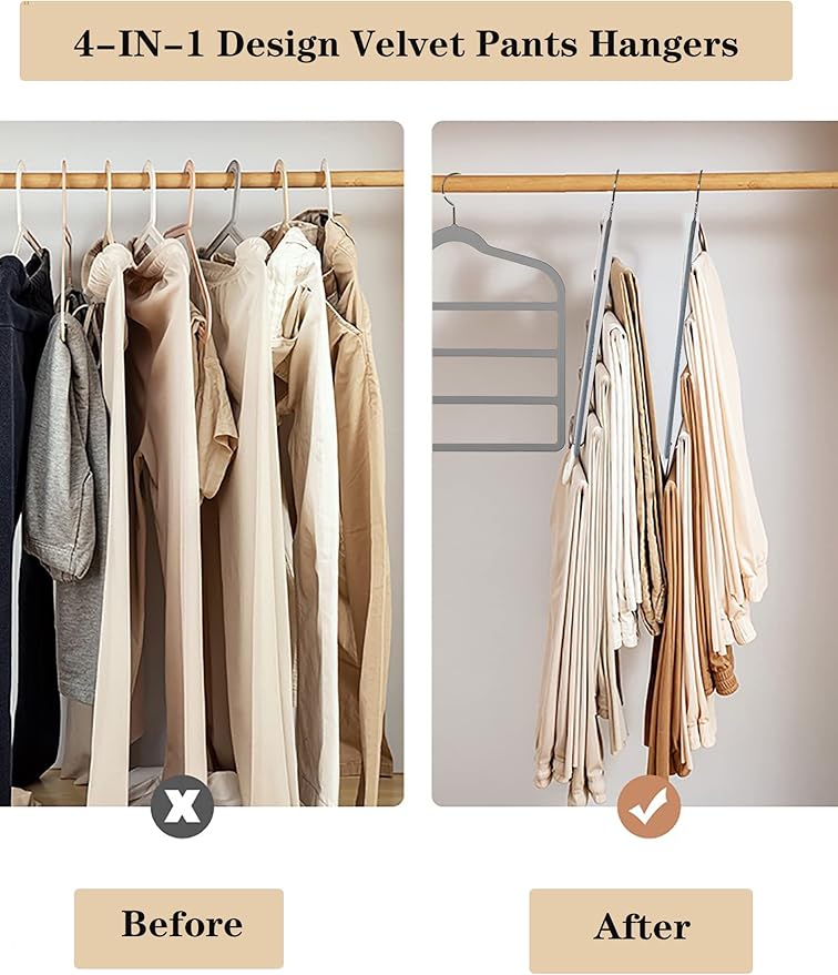 Velvet Pants Hangers Space Saving Hangers Closet Organizer for Jeans Slack Trousers Scarf Tie Pants Rack Leggings Hanger Non-Slip Hangers Multiple Clothes Holder (Grey, 3)