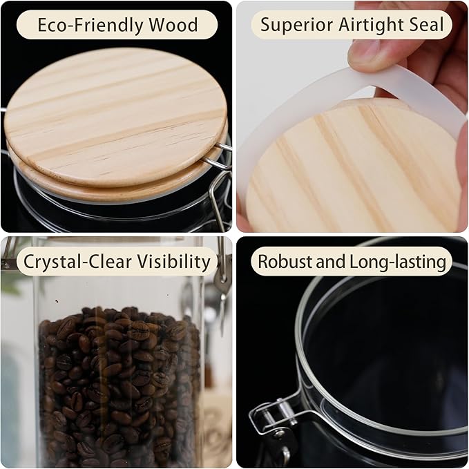 EQEY Glass Coffee Canister Set with Shelf & Spoons - 3 Piece Airtight Seal Coffee Bean Storage Containers & Filter Holder for Kitchen Organization