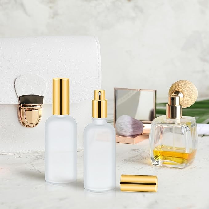 Roshtia 30 Pcs 3.4 oz/ 100 ml Gold Glass Spray Bottle Refillable Frosted Perfume Atomizer Clear Decorative Empty Bottles with Fine Mist Sprayer Pump for Face Body Travel