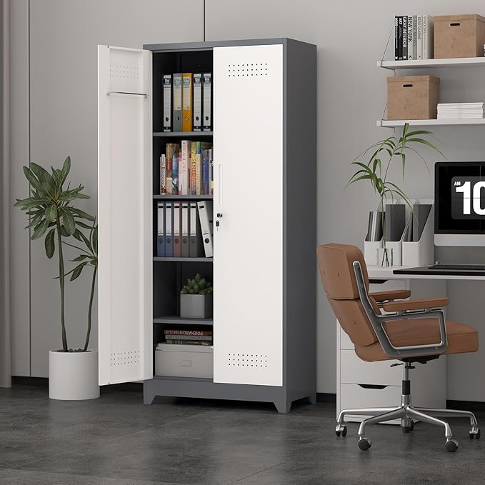 72.8" H Metal Garage Storage Cabinets with Doors and Shelves, Broom Closet Storage Cabinet, Tool Cabinets with Hanging Rod, Cleaning Storage Cabinets for Garage,Bedroom Office Grey&White