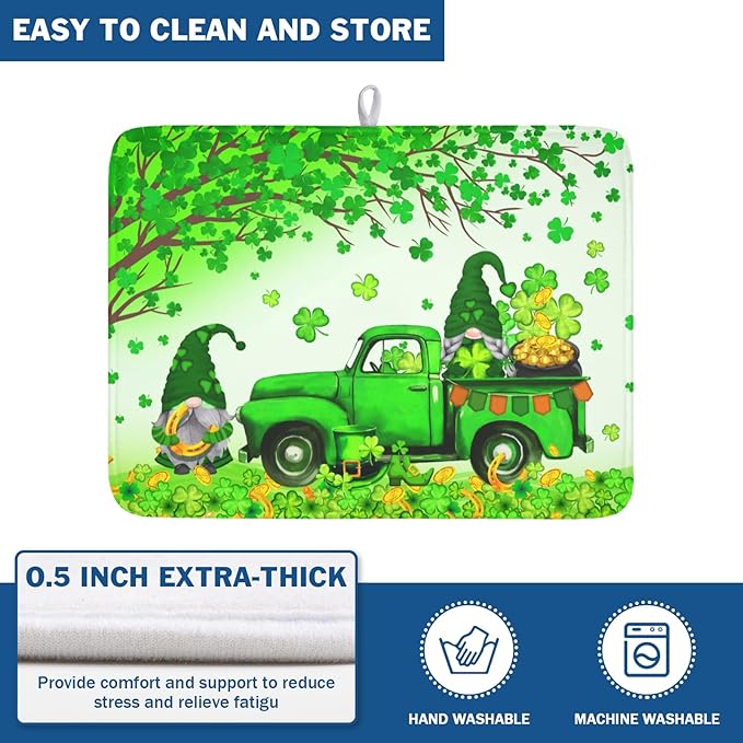 Kwlegh St Patrick's Day Shamrock Dish Drying Mat for Kitchen Counter Green Gnome Truck Dish Dry Mat St Patrick Spring Drying Mats Microfiber Absorbent Dish Drainer Rack Mat Large 18x24 Inch