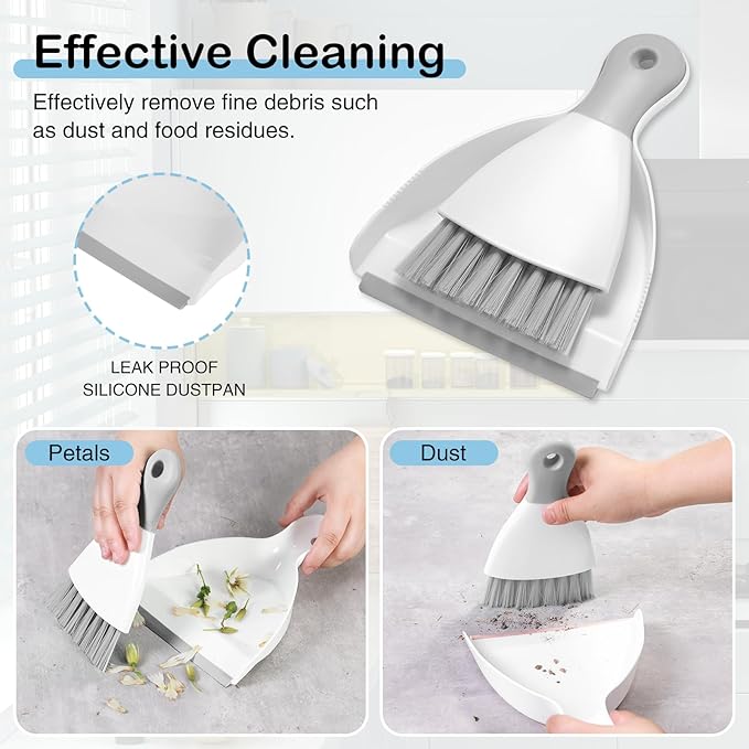 NACENA Mini Dustpan and Brush Set 2 Pack, Small Broom and Dustpan Set Dust Pan and Mini Hand Broom Dustpan and Broom Combo Compact for Home Table Keyboards Sofa Kitchen, White & Gray