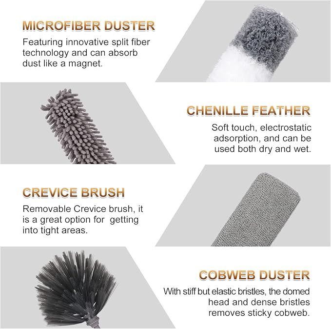 DEEHYO Microfiber Duster for Cleaning Fan, High Ceiling, Blinds, Furniture, Cars , 9PCS Extendable Feather Duster (Stainless Steel) 30 to 100 Inches, Reusable Bendable Washable
