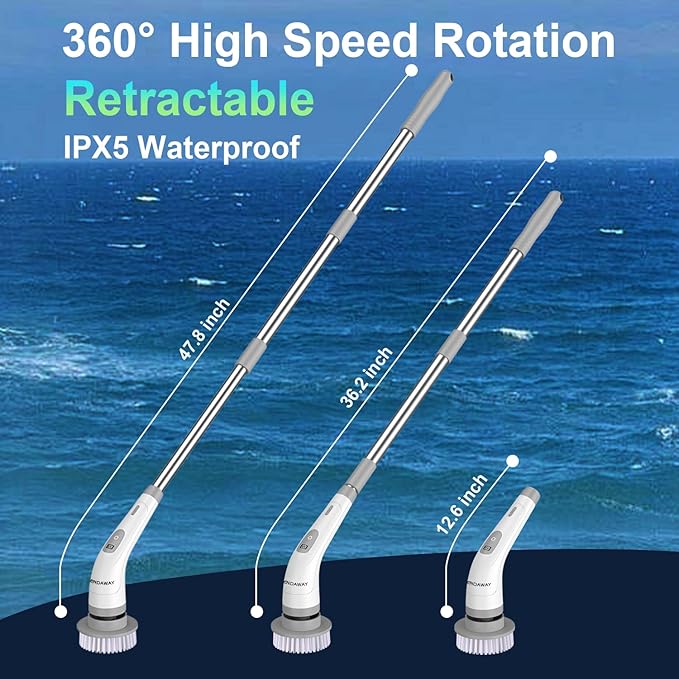 LENDAWAY 9-in-1 Multi-Purpose Electric Spin Scrubber for Cleaning, 2 Speed Long Handle Shower Scrubber, Replaceable Cleaner Brush Heads for Floors, Windows, Bathtub, Grout, Tiles, Sink, Car, Bathroom