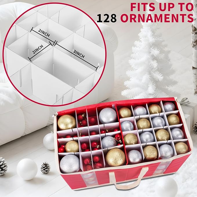 Large Christmas Ornament Storage Box With Adjustable Dividers,Ornament Storage Container with Two Handlesfor 128 Holiday Decorations,Red