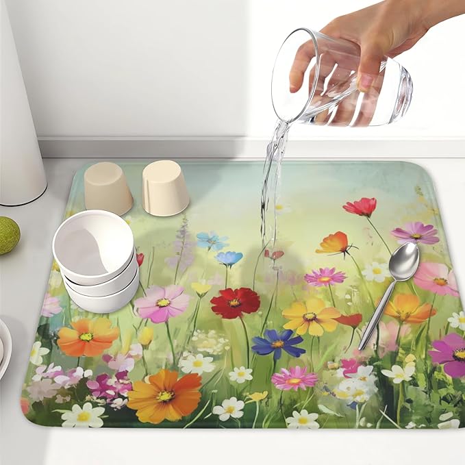 ABSOP Spring Summer Daisy Dish Drying Mat 16 x 18 Inch Colourful Floral Pattern Dish Drainer Rack Mat Absorbent Microfiber Mats Holiday Dish Pad for Kitchen Coffee Dining Bar Decor
