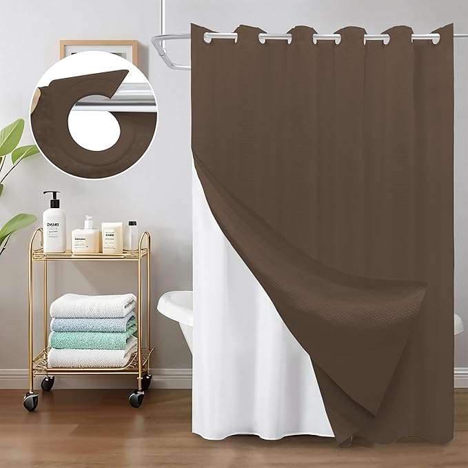 Inhousolu No Hook Waffle Weave Shower Curtain with Removable Snap in Fabric Liner Set for Bathroom, 230 GSM Heavy Duty Weighted Hem, Water Repellent Washable Bath Curtains, 72 x 72 Inch, Brown