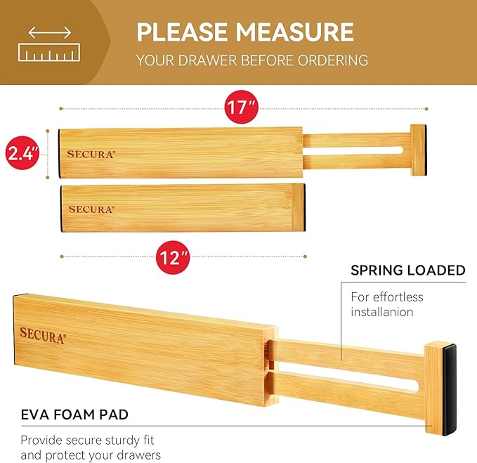 Secura Bamboo Drawer Dividers Organizer 4-Pack, Adjustable Drawer Separators Expandable from 12.0-17.1 inches for Kitchen, Office, Bathroom, Closet, Dresser