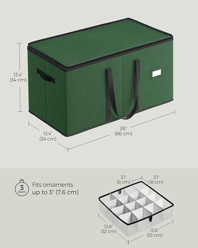 SONGMICS Christmas Ornament Storage Box, Dual Zippers, Stackable Christmas Storage Container with Lid, 8 Trays, 600D Oxford, 3-Inch 128 Slots, Forest Green URFB035C01