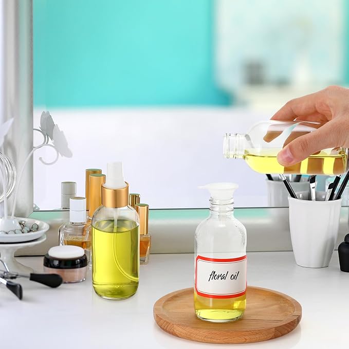 Fumete 36 Pcs Glass Spray Bottles 4oz Fine Mist Glass Spray Bottle Refillable Liquid Containers with 6 Labels 6 Funnel for Hair Travel Plants Cleaning Solutions Skin Care(Clear,Simple)