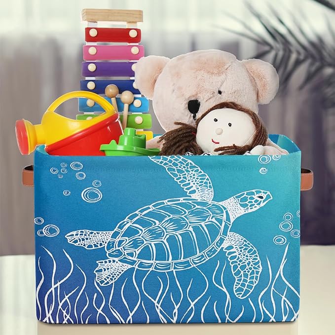 Ocean Turtle Storage Basket for Shelves, Storage Bins with Handles, Collapsible Basket for Organizing, Closet Toy Baskets for Nursery Room, 15x11x9.5 in, Canvas, Sea Tortoise