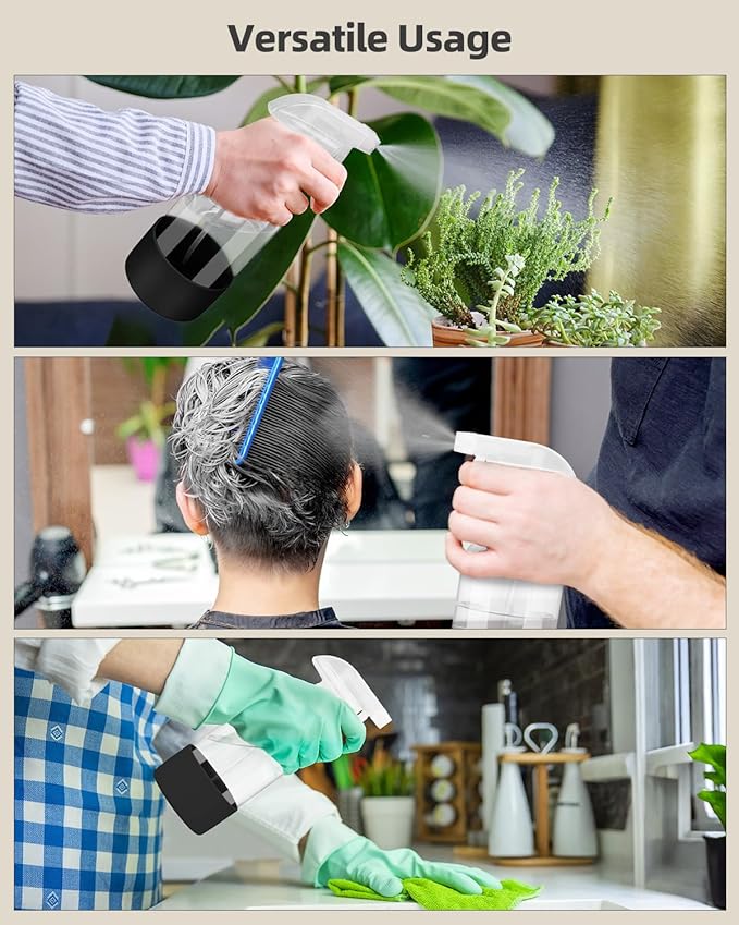 Worldgsb 2 Pack Glass Spray Bottles 8 oz, Empty Refillable Containers with Silicone Sleeve Protection, Glass Spray Bottles for Cleaning Solutions, Hair and Plants with Adjustable Nozzles Black