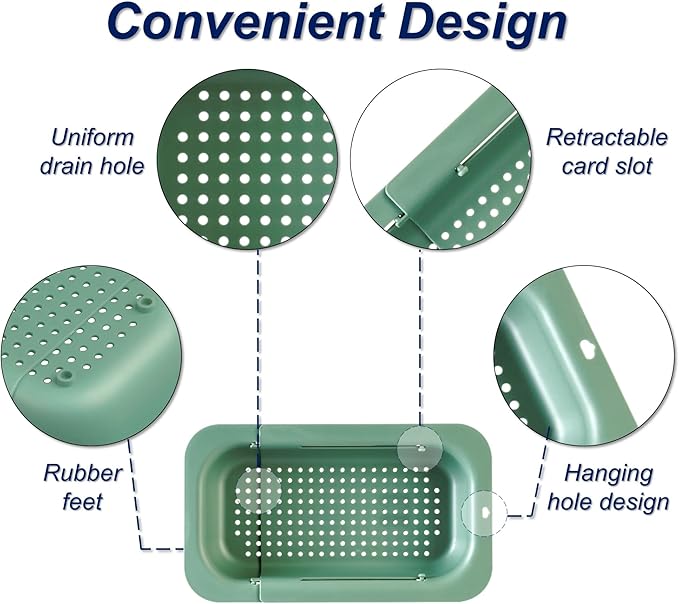 YUNKWONG Extendable Sink Colander Strainer Basket - Wash Vegetables and Fruits, Drain Cooked Pasta and Dry Dishes - Adjustable Over the Sink Colander Collapsible Drainer Basket - Green
