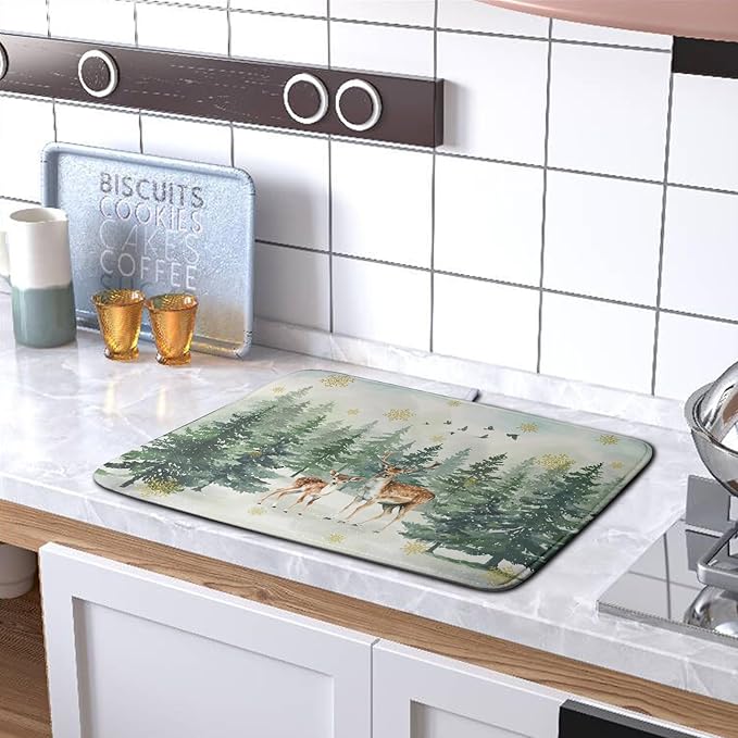 Kwlegh Reindeer Tree Snowflakes Christmas Dish Drying Mats for Kitchen Counter 18x24 Inch Winter Forest Dish Drainer Mats Absorbent Reversible Dish Draining Microfiber Dishes Drying Pad