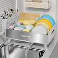 LIONONLY Dish Drying Rack, Thicker Premium Aluminum Frame and 304 Stainless Steel Plate Rack for Kitchen Counter, Automatic Drainage Spout, Dish Drainer & Drainboard Set with Utensil Holder, White