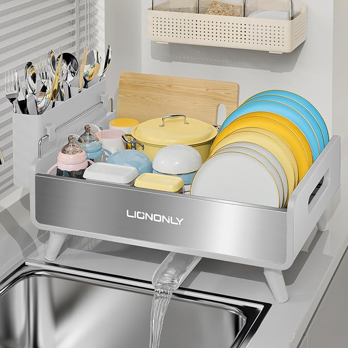 LIONONLY Dish Drying Rack, Thicker Premium Aluminum Frame and 304 Stainless Steel Plate Rack for Kitchen Counter, Automatic Drainage Spout, Dish Drainer & Drainboard Set with Utensil Holder, White
