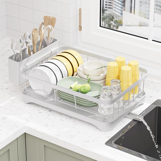 LIYI Dish Drying Rack,Adjustable Spout Design, Kitchen Dish Racks,Made of Iron Material,with Removable Draining Board,Suitable for Kitchen and Caravan Use Scenarios,White