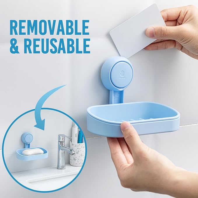 TAILI Soap Dish Bar Holder Suction Cup,Soap Saver with Powerful Vacuum Suction,Sponge Holder for Shower,Bathroom,Tub and Kitchen Sink, Universal Shower Accessories,Drill-Free,Removable,Blue