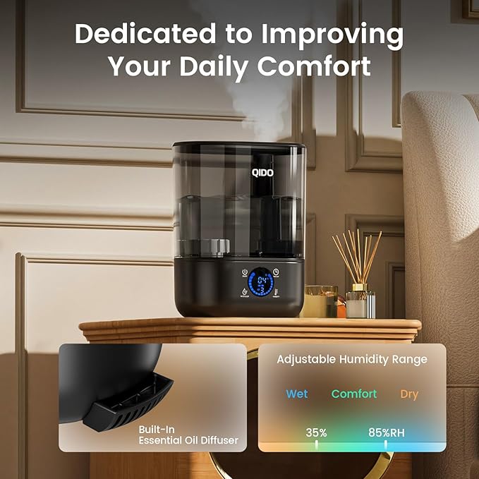 QIDO Top Fill Humidifiers for Bedroom, 5 L Cool Mist 36H Super Long Time, Quiet 28dB Essential Oil Diffuser for Baby & Plants, 3 adjustable Mist with Touch/APP/7-color Nightlight, Auto Shut-off, Black