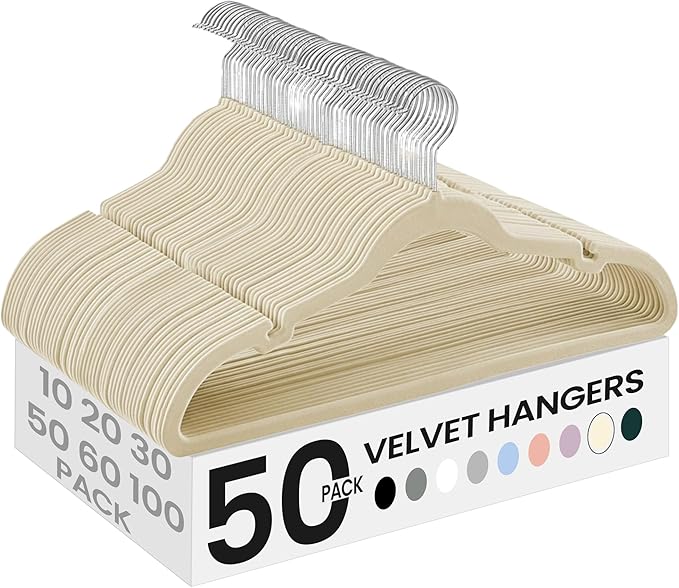 SONGMICS Velvet Hangers 50 Pack, Non-Slip Clothes Hangers, Suit Hangers with Shoulder Notches, Pants Bar, 360° Swivel Hook, Space-Saving, for Closet, Sand Beige UCRF029K05