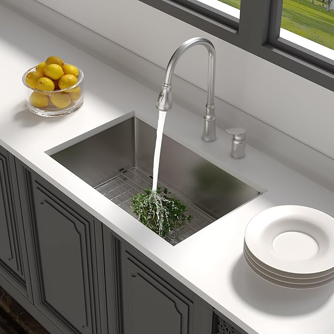 Lordear 27 Undermount Kitchen Sink 27X18 Inch Deep Single Bowl 16 Gauge Stainless Steel R10 Round Corner Under Counter Handmade Kitchen Sink Basin