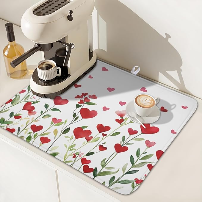 Valentines Day Dish Drying Mat for Kitchen Counter 18x16 Inch Green Red Heart Drying Mat with Absorbent Reversible Microfiber Holiday Love Dish Drainer Mats Rack Pad for Coffee Countertop Protector