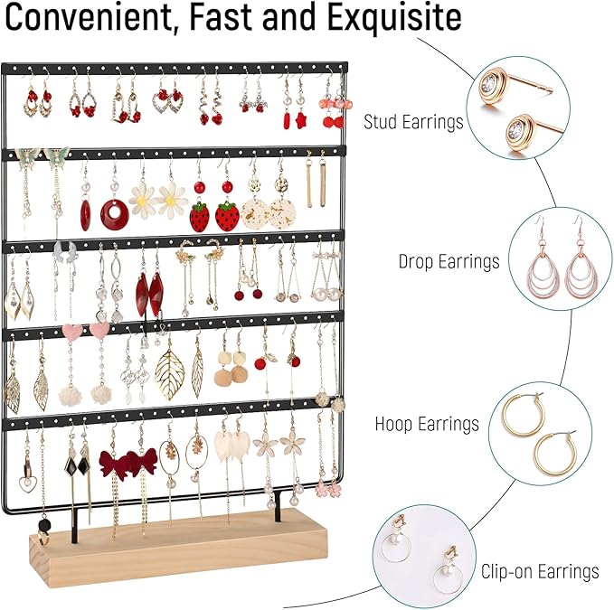 5 Tier 120 Hole Earring Holder Organizer, Rust Proof Metal and Wooden Base Jewelry Organizers and Storage for 60 Pairs of Earrings, Suitable for Home Storage and Sales Display