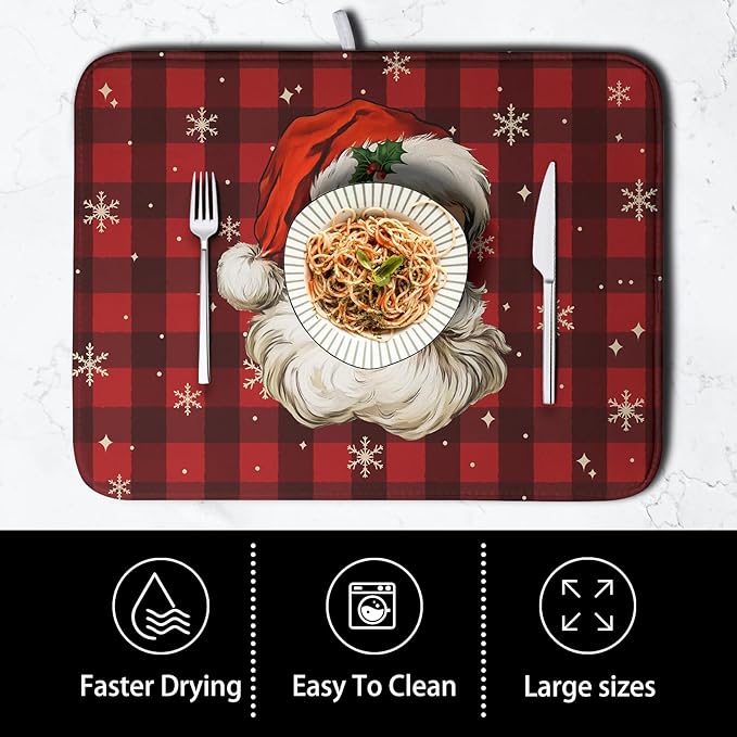 Kwlegh Santa Claus Christmas Dish Drying Mat Xmas Red and Black Buffalo Plaid Snowflake Drying Mats Winter Holiday Dishes Drying Pad Microfiber Absorbent Dish Drainer Rack Mat 16x18 Inch
