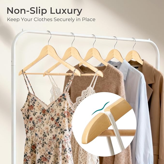 HOUSE DAY Premium Wooden Coat Hangers 50 Pack, Heavy Duty Solid Wood Clothes Hangers with 360° Swivel Hook & Pant Bar for Jackets, Dress, Shirts, Natural Wood Suit Hanger for Closet Organizer