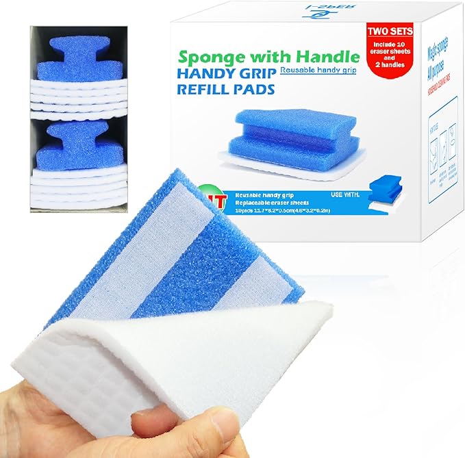 Magic Sponge Brush with Handle, Magic Sponge Eraser Handy-Grip with 10 Scouring Refill Pads 2 Reusable Scrubber, Scrub Pad Singles with Handle for Bathroom, Sink, Stovetops, Patio Furniture
