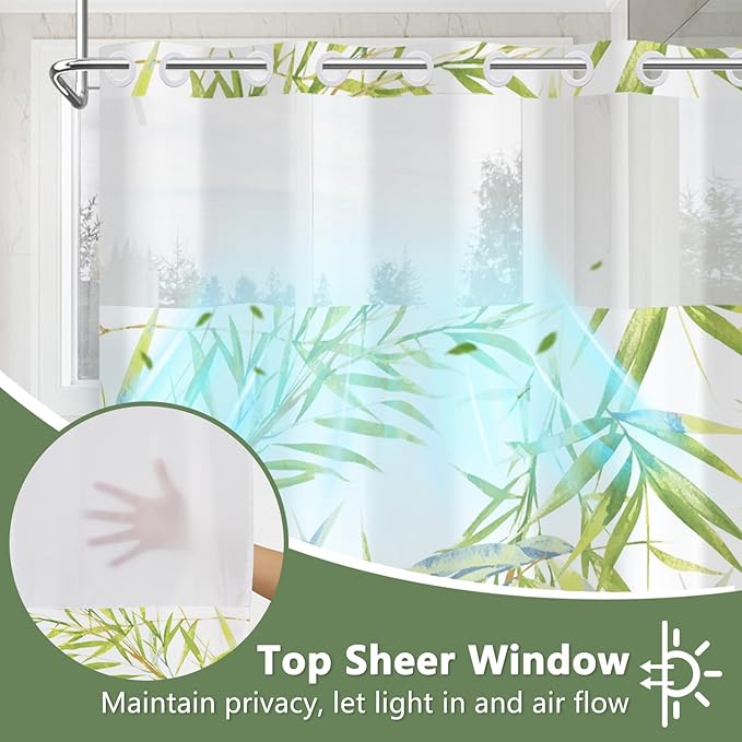 Grass Green Bamboo Leaves Shower Curtain and Liner Set, Waterproof Washable Fabric No Hook Shower Curtain, Modern Nature Botanical Aesthetic Bathroom Curtains with Top Sheer Window, 71x74 Inch