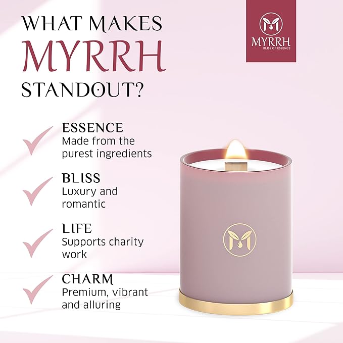 MyrrhUSA Sandalwood Patchouli Scented Candle – 15 oz Natural Soy Wax with Crackling Wooden Wick & Essential Oils, 80 Hour Burn, Luxury Aromatherapy Candle for Relaxation, Home Décor & Gift Purpose