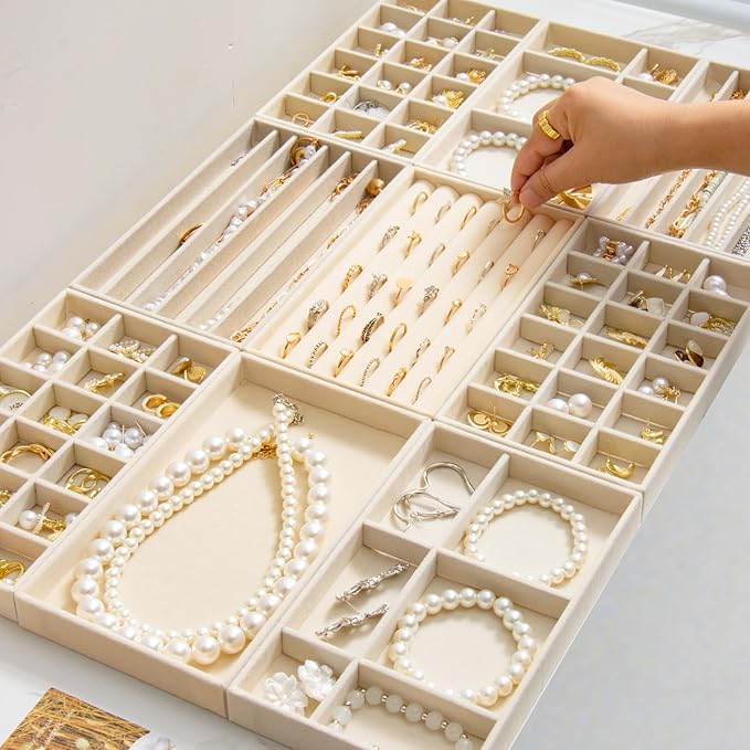 SPAKOWN Jewelry Drawer Organizer Inserts Set of 9, Jewelry Trays for Drawers Velvet Jewelry Organizer Tray Drawer Jewelry Organizers and Storage for Earring Ring Necklace Watch Bracelet (Beige)