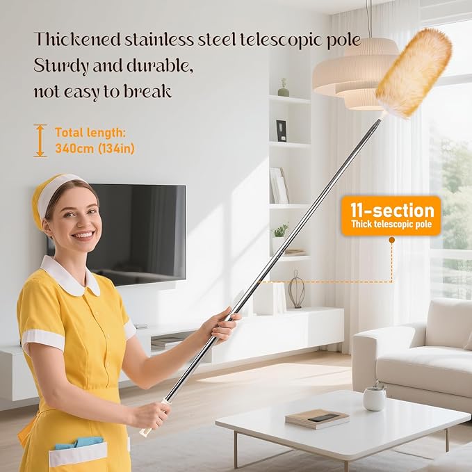 iHUFeather Extendable Lambswool Duster Stainless Steel Handle 133" Removable Feather Duster for Cleaning Ceiling Fans Interior Roof Furniture, Yellow