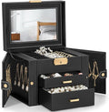 TORIBIO Jewelry Box for Women, Leather Jewelry Organizer with Mirror & Lock, 3-Tier Jewelry Storage Organizer with 2 Drawers for Girls/Women/Mothers, Necklace Earring Bracelets Holder Organizer