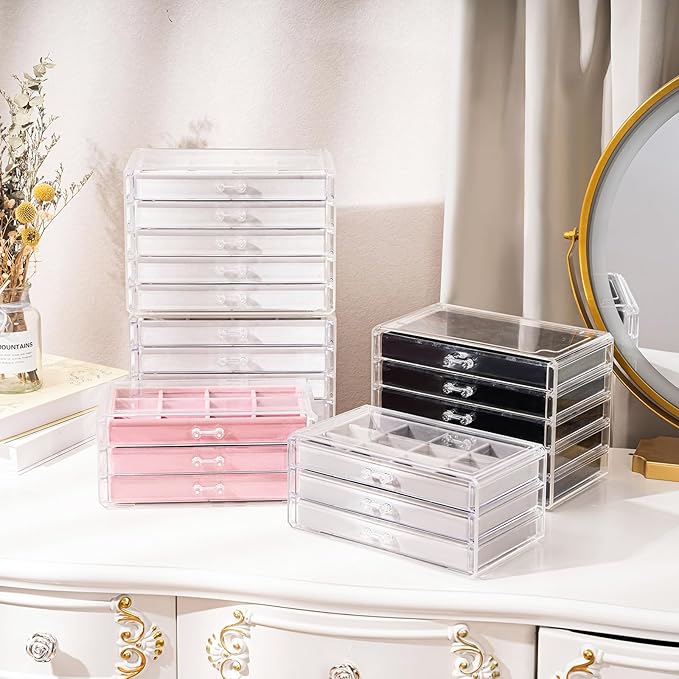 ProCase Earring Holder Organizer Jewelry Box with 3 Drawers, Acrylic Clear Earring Case with Adjustable Velvet Trays for Women - Black, 3 Layers