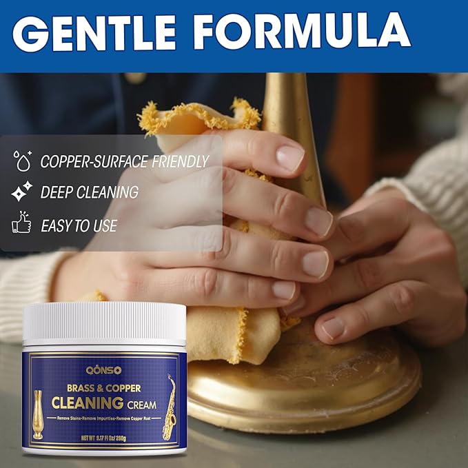 QONS Brass Polish Copper Cream Cleaner Kit - Instant Polishing Cream And Protective Tarnish Removal, Metal Cleaner And Brightener For Antiques, Music Instruments, Copper Kettle And Sinks