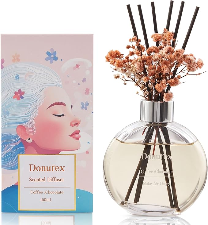 Flower Reed Diffuser Set 5.07oz Coffee & Chocolate Scent Diffuser with Sticks Home Fragrance Reed Diffuser for Bathroom Shelf Decor