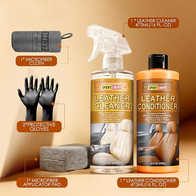 XPERTCHEMY Leather Cleaner and Conditioner Kit, Leather Care for Car Seats, Furniture, Couches, Boots, Bags & More, Safe for Any Color, 2 x 16oz