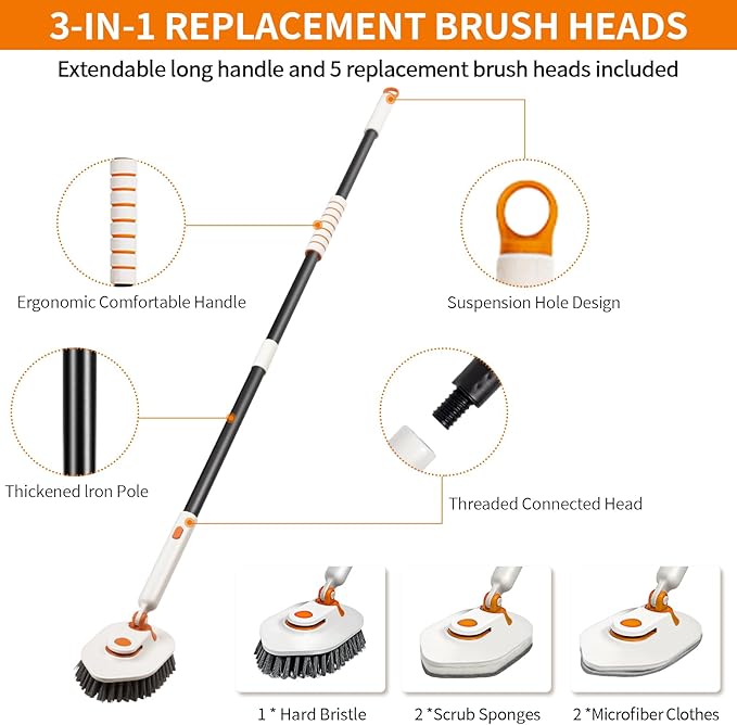 Calzzle Bathroom Scrub Brush with Long Handle, 3-in-1 Tub and Tile Cleaner with 5 Replaceable Heads for Shower, Floor & Wall Cleaning