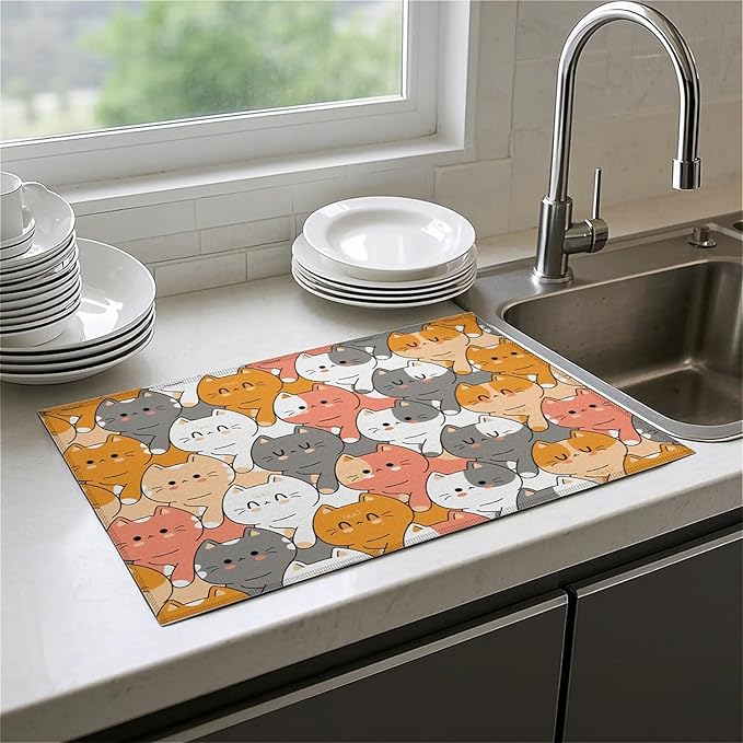 Dish Drying Mat For Kitchen Counter, Cute Cats Animals Microfiber Absorbent Dish Drainer Rack Pad Reusable Large 18x24in Drying Mat